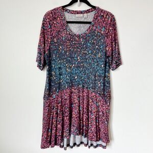 Logo Lori Goldstein Animal Print Short Sleeve Tunic Top Pink Teal Womens M